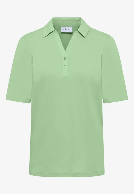 Hellgrünes Polohemd mit kurzärmeligem Design, Hemdkragen und drei Knöpfen.