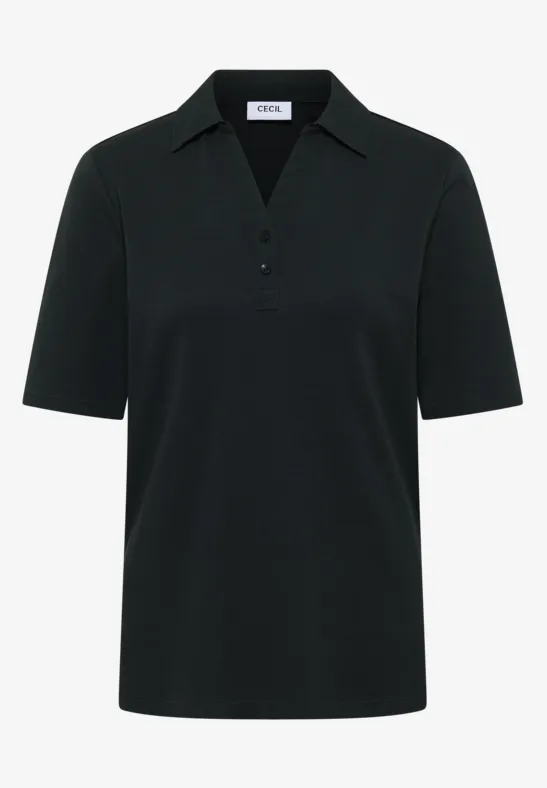 Schwarzes Kurzarm-Poloshirt mit klassischem Kragen und Knopfleiste.