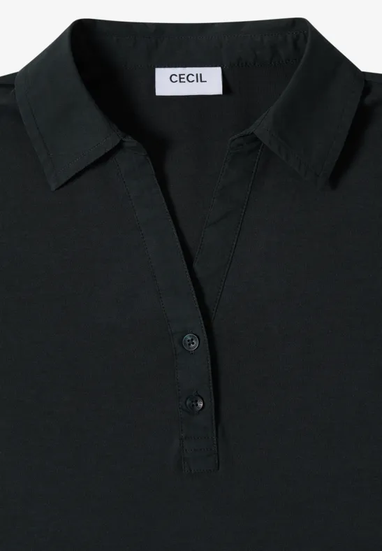Schwarzes Polo-Shirt mit V-Ausschnitt, kurzer Knopfleiste und umgeschlagenem Kragen mit Label 'CECIL'.