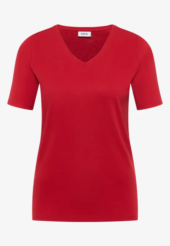 Rotes, kurzärmeliges Damen-T-Shirt mit V-Ausschnitt