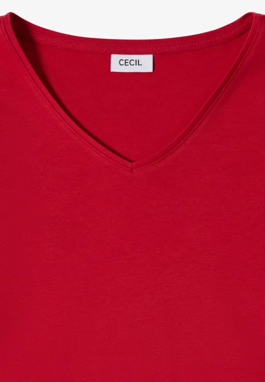 Rotes V-Neck-Shirt mit kurzem Arm und Markenlabel 'Cecil'.