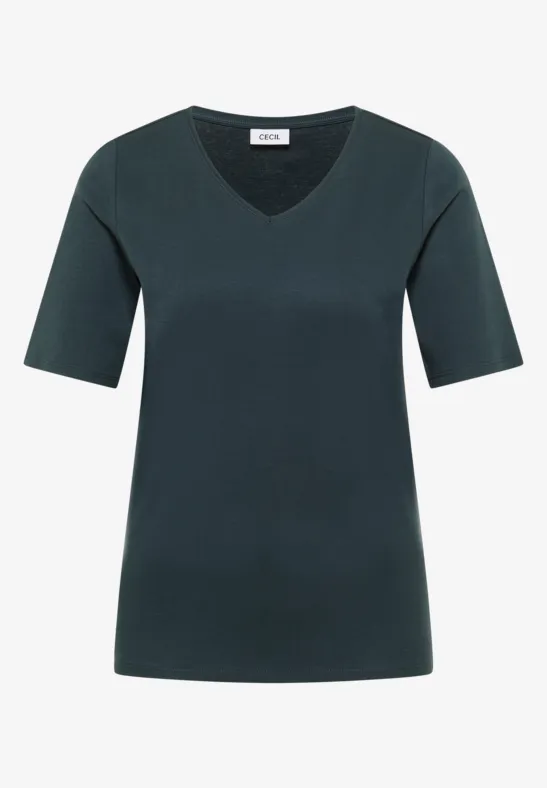 Dunkelgrünes Shirt mit V-Ausschnitt und halblangen Ärmeln.