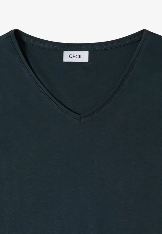 Dunkelgrünes V-Neck-Shirt mit CECIL-Label.