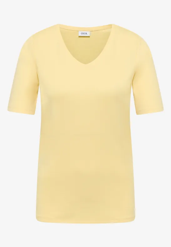 Hellgelbes, kurzärmeliges T-Shirt mit V-Ausschnitt, schlicht und zeitlos.