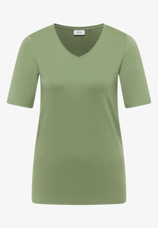 Een effen olijfgroen T-shirt met V-hals en korte mouwen.