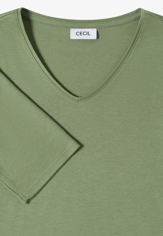 Groen V-hals T-shirt met driekwartmouwen en CECIL-label.