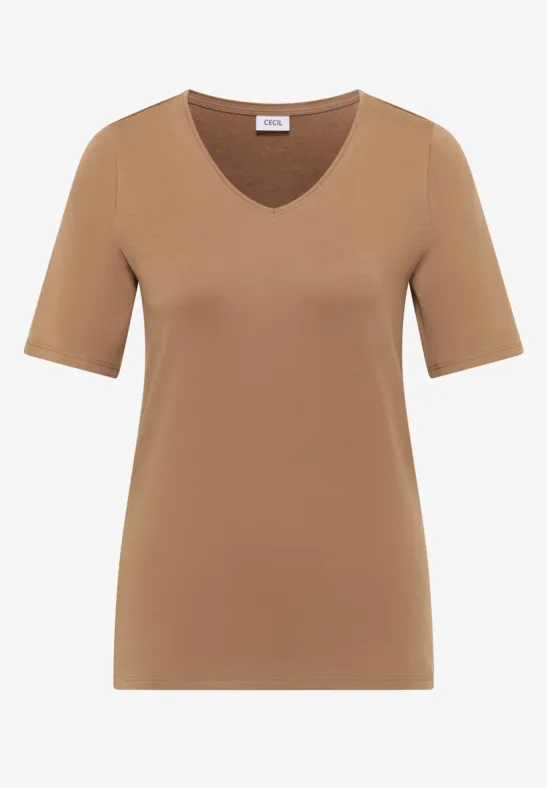 Effen bruin T-shirt met korte mouwen en V-hals.