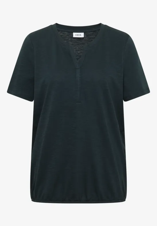 Schlichtes schwarzes T-Shirt mit V-Ausschnitt, Kurzarm und lockerem Saum