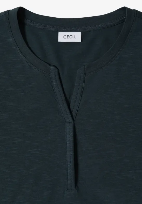 Dunkelgrünes Damen-Shirt mit Rundhalsausschnitt und kurzer Knopfleiste von CECIL.