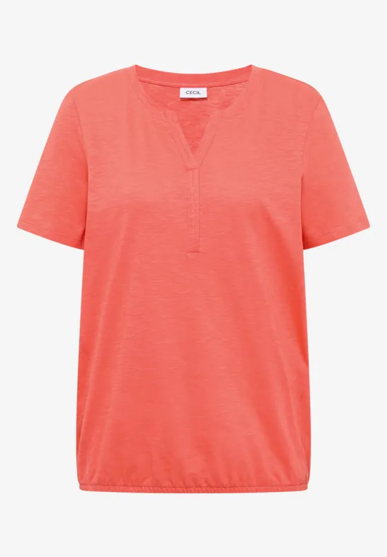 Rotes T-Shirt mit V-Ausschnitt, kurzen Ärmeln und elastischem Saum.
