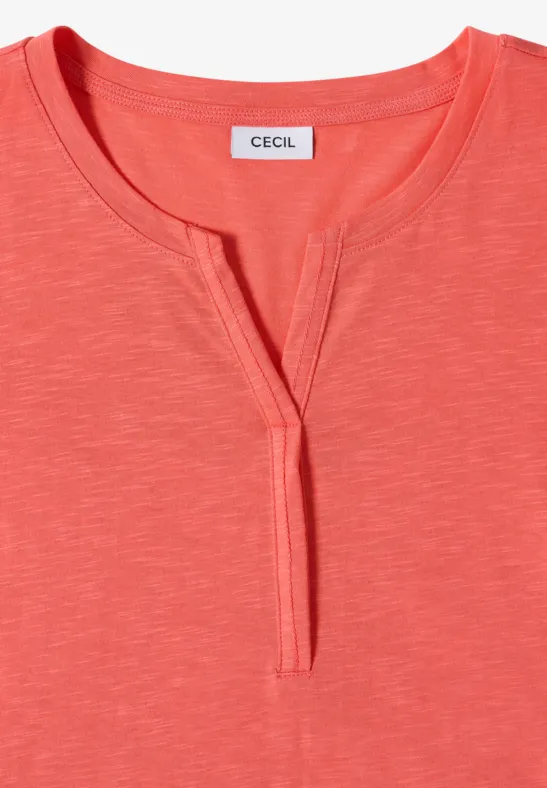 Korallenrotes Damen-Shirt mit kleinem V-Ausschnitt und CECIL-Label