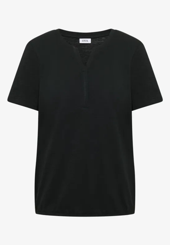 Zwart T-shirt met korte mouwen, V-hals en knoopsluiting.