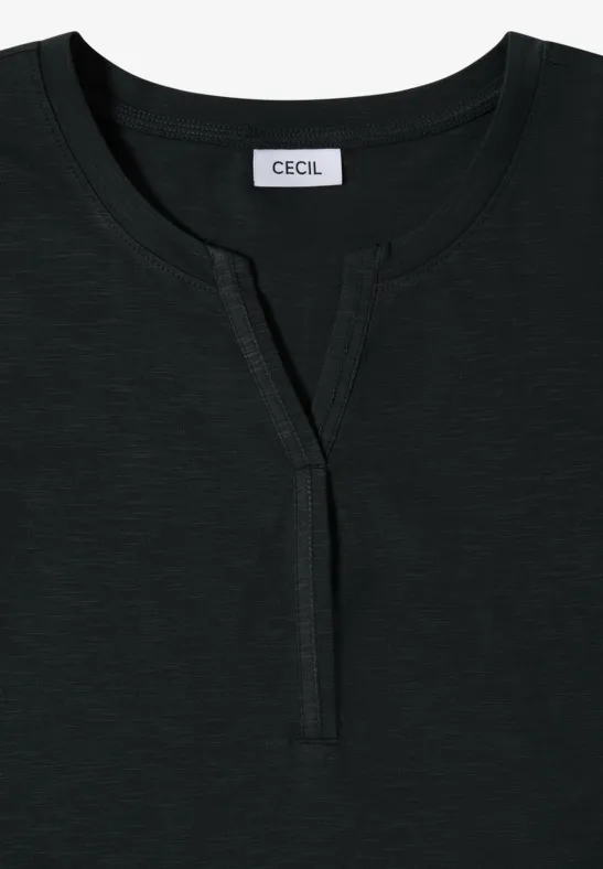Zwart T-shirt met korte mouwen en splitkraag, merklabel 'CECIL' in de nek.