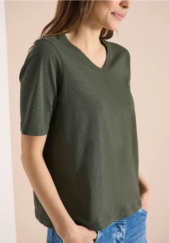 Basic T-Shirt mit V-Neck khaki