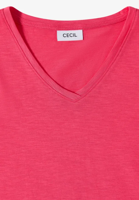 Felroze V-hals T-shirt met korte mouwen en het label 'CECIL'