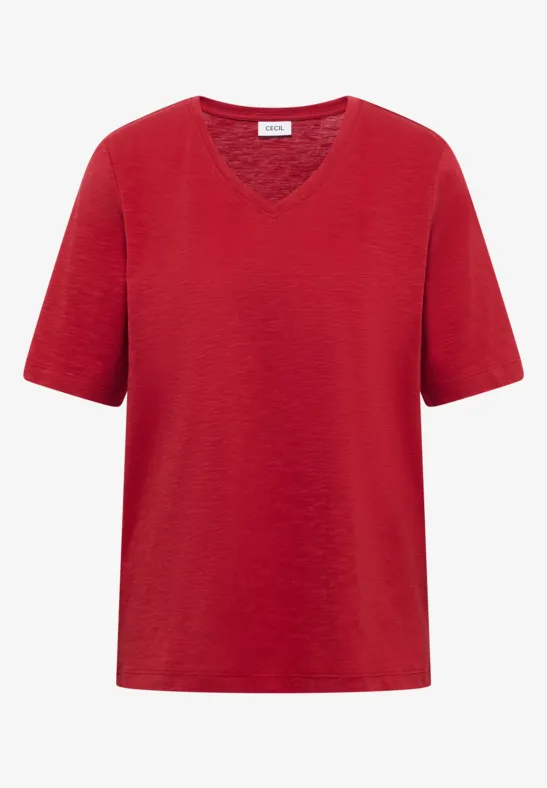 Rotes T-Shirt mit V-Ausschnitt und kurzen Ärmeln