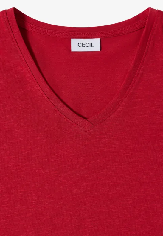 Rotes V-Ausschnitt-Shirt mit Markenetikett CECIL.