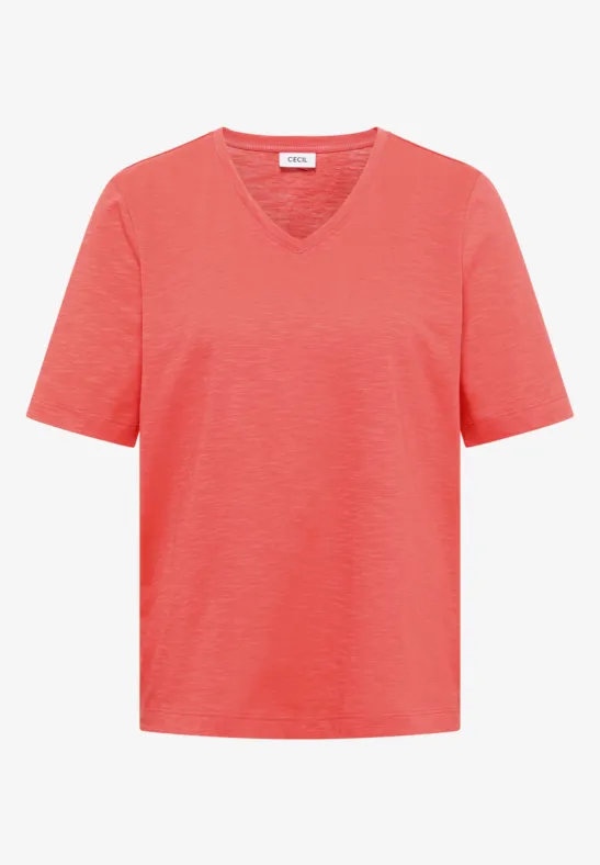 Schlichtes, korallenrotes Kurzarm-T-Shirt mit V-Ausschnitt.