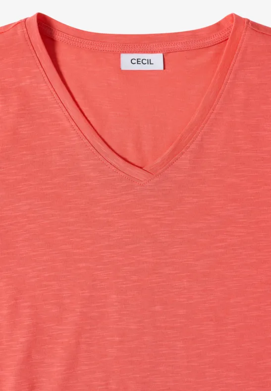 Coralfarbenes V-Ausschnitt-Shirt mit Markenetikett 'CECIL'