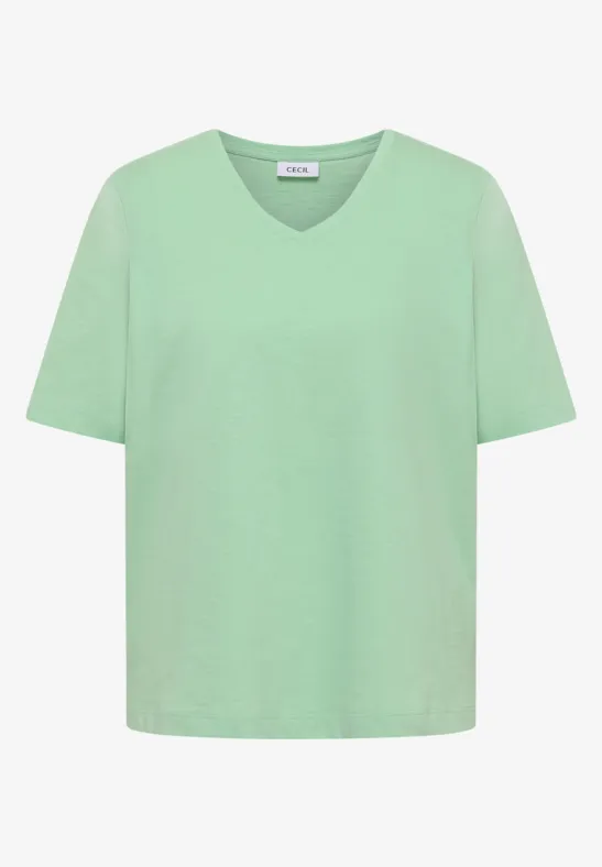 Mintgroen T-shirt met V-hals en korte mouwen.