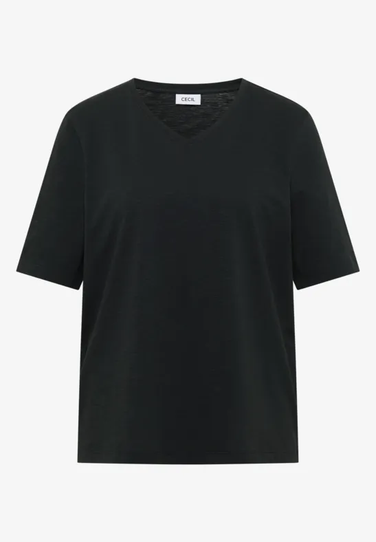 Schwarzes T-Shirt mit V-Ausschnitt und kurzen Ärmeln.