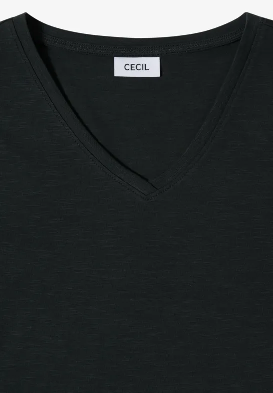 Schwarzes V-Neck-Shirt mit kurzem Ärmel und "Cecil"-Etikett am Nacken.