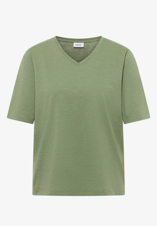 Ein schlichtes, olivgrünes T-Shirt mit V-Ausschnitt und kurzen Ärmeln.