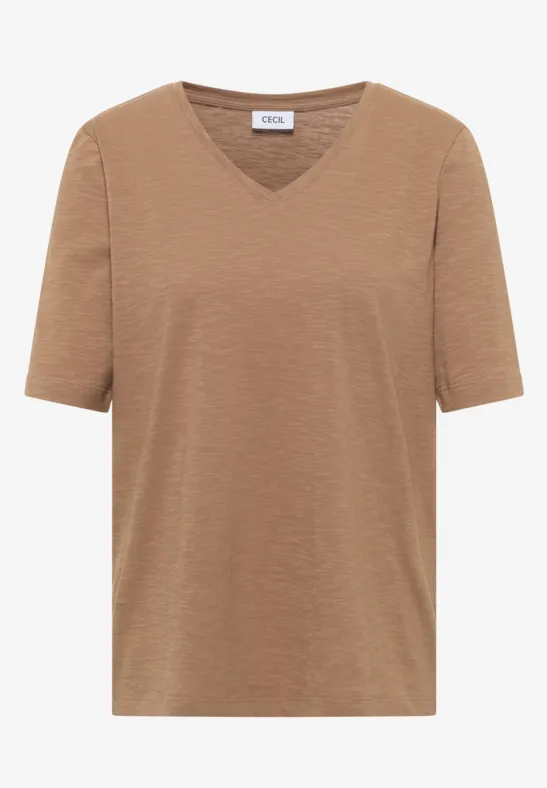 Beige T-shirt met V-hals en korte mouwen.