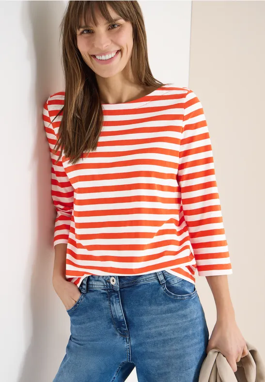 Gestreept basic shirt cherry tomato orange