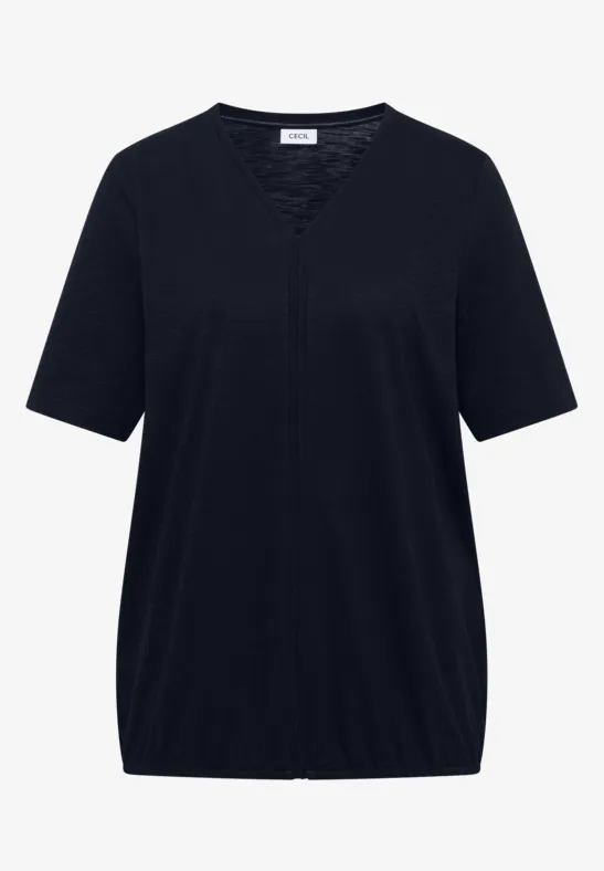 Schwarzes Kurzarmshirt mit V-Ausschnitt, Reißverschluss vorne und elastischem Saum.