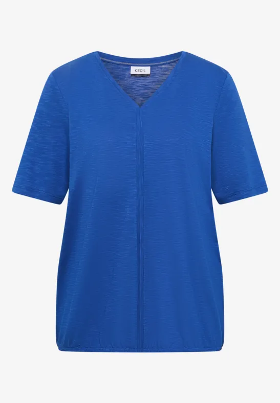 T-shirt bleu classique à col en V et manches courtes.