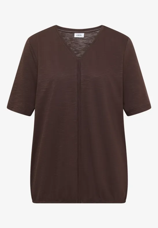 Eenvoudig bruin T-shirt met korte mouwen en V-hals.