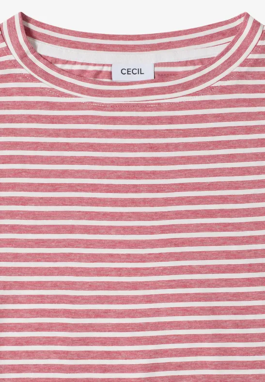 Rot-weißer, quer gestreifter Pullover mit rundem Ausschnitt und Markenlabel