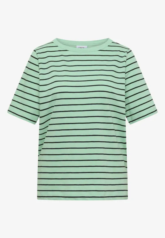 Mintgrünes T-Shirt mit schwarzen Querstreifen und kurzen Ärmeln.