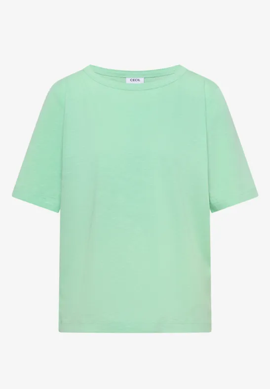 Ein schlichtes, mintgrünes T-Shirt mit rundem Ausschnitt auf weißem Hintergrund.