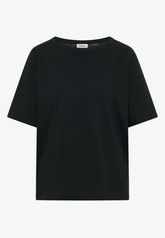 Schwarzes kurzärmeliges T-Shirt mit Rundhalsausschnitt.