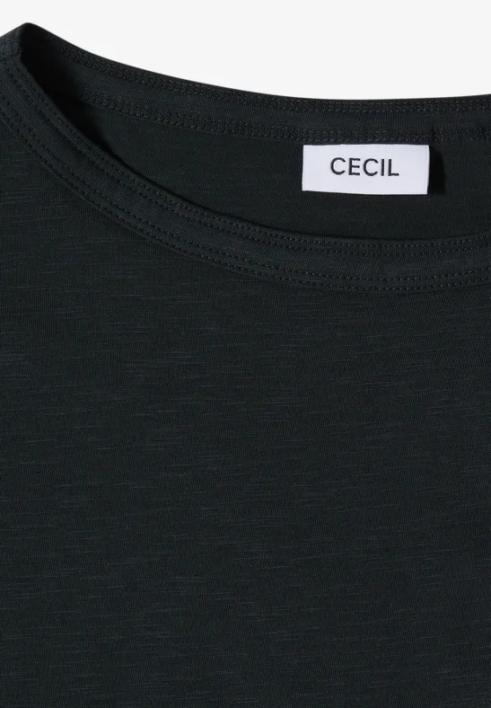 Schwarzes T-Shirt mit Rundhalsausschnitt und CECIL-Label im Nacken.
