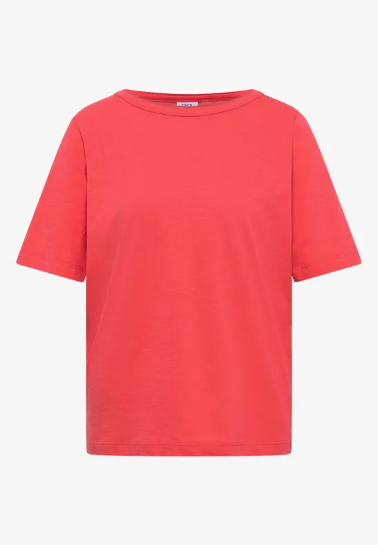 Rotes, schlichtes T-Shirt mit kurzem Arm und Rundhalsausschnitt.