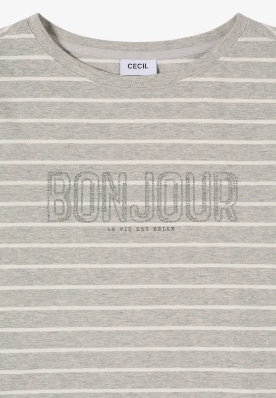 Steifen-Shirt mit Wording milky grey melange