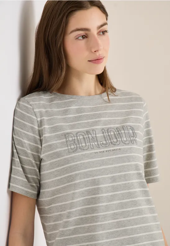 Steifen-Shirt mit Wording milky grey melange