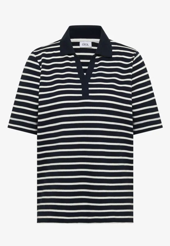 Schwarz-weiß gestreiftes Poloshirt mit kurzem Arm und V-Ausschnitt.