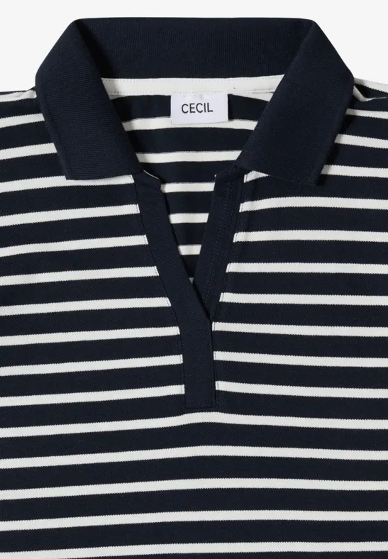 Ein gestreiftes Polohemd in Schwarz und Weiß, kurzärmelig, mit Kragen.