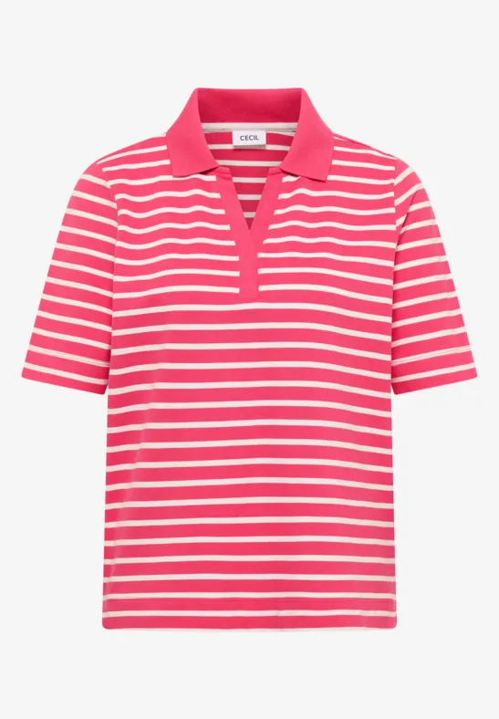Ein pink-weiß gestreiftes Polo-Shirt mit Kurzarm und V-Ausschnitt.