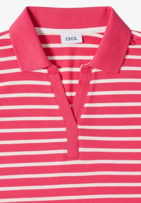 Rosa-weiß gestreiftes Poloshirt mit Kragen und V-Ausschnitt.