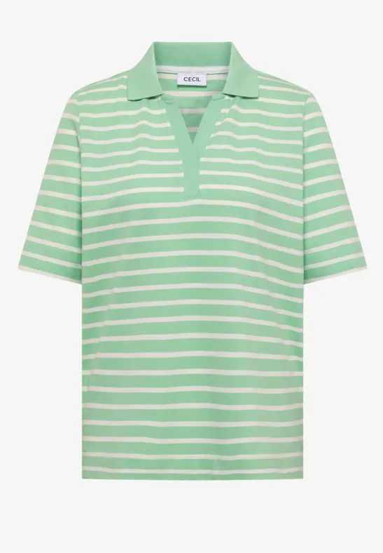 Hellgrünes Poloshirt mit weißen Querstreifen und kurzem Arm.