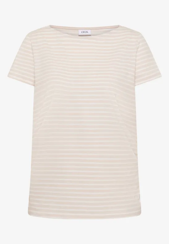 Schlichtes, beige-weiß gestreiftes T-Shirt mit Rundhalsausschnitt und kurzen Ärmeln.
