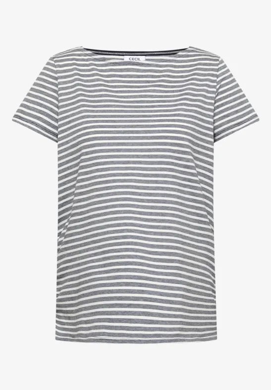 Grau-weiß gestreiftes Kurzarmshirt mit weitem Rundhalsausschnitt.
