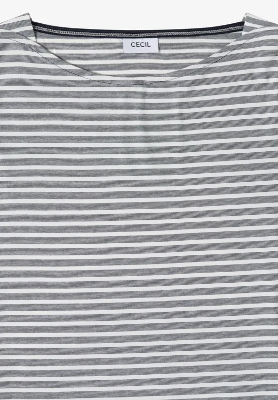 Graues T-Shirt mit weißen, horizontalen Streifen und rundem Ausschnitt.
