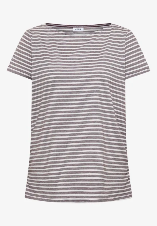 Grau-weiß gestreiftes, kurzärmeliges T-Shirt mit Rundhalsausschnitt.