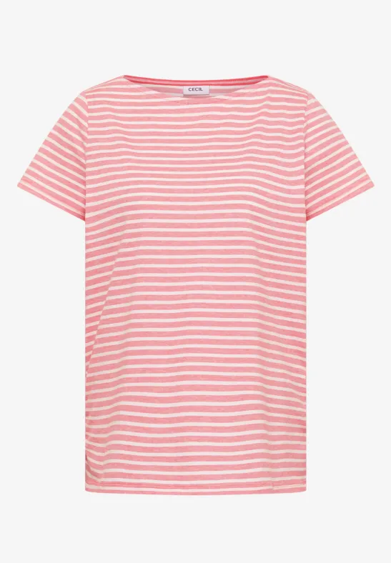 Ein kurzärmliges T-Shirt mit weißen und rosa Streifen.
